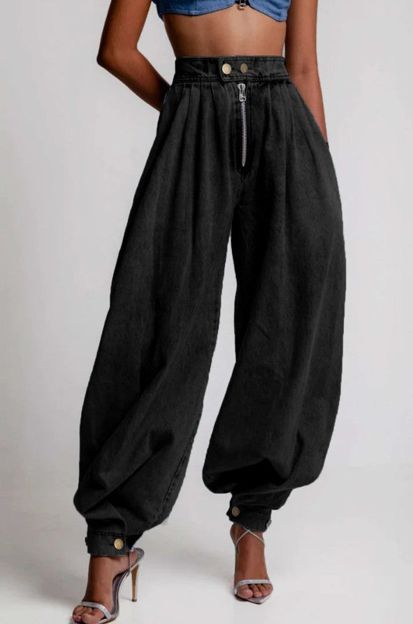 AGATA | Balonowe Bawełniane Spodnie z Wysokim Stanem