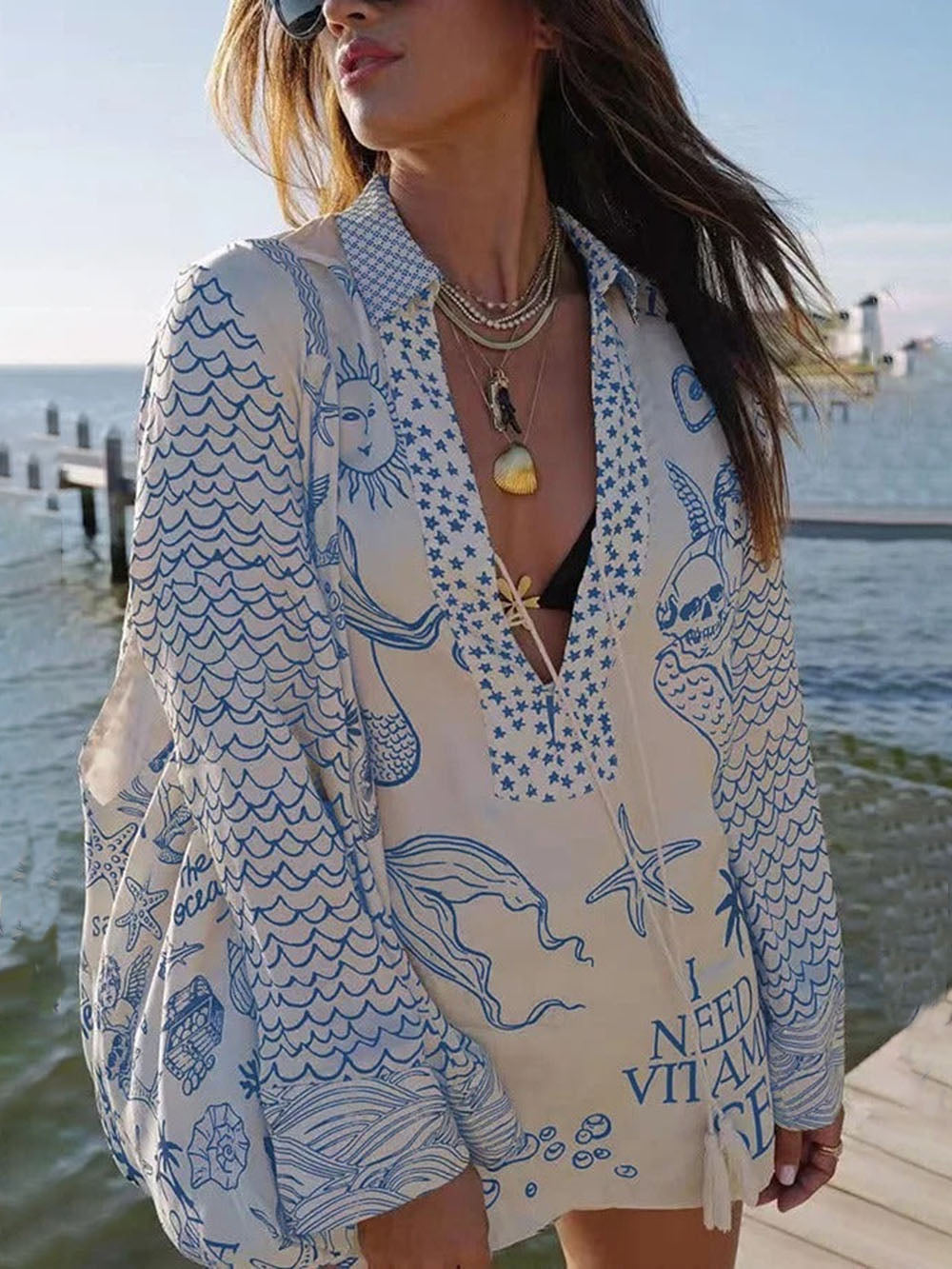 AQUA | Unikalny zestaw koszuli z satyny z nadrukiem Live By Water i szortów z elastycznym pasem