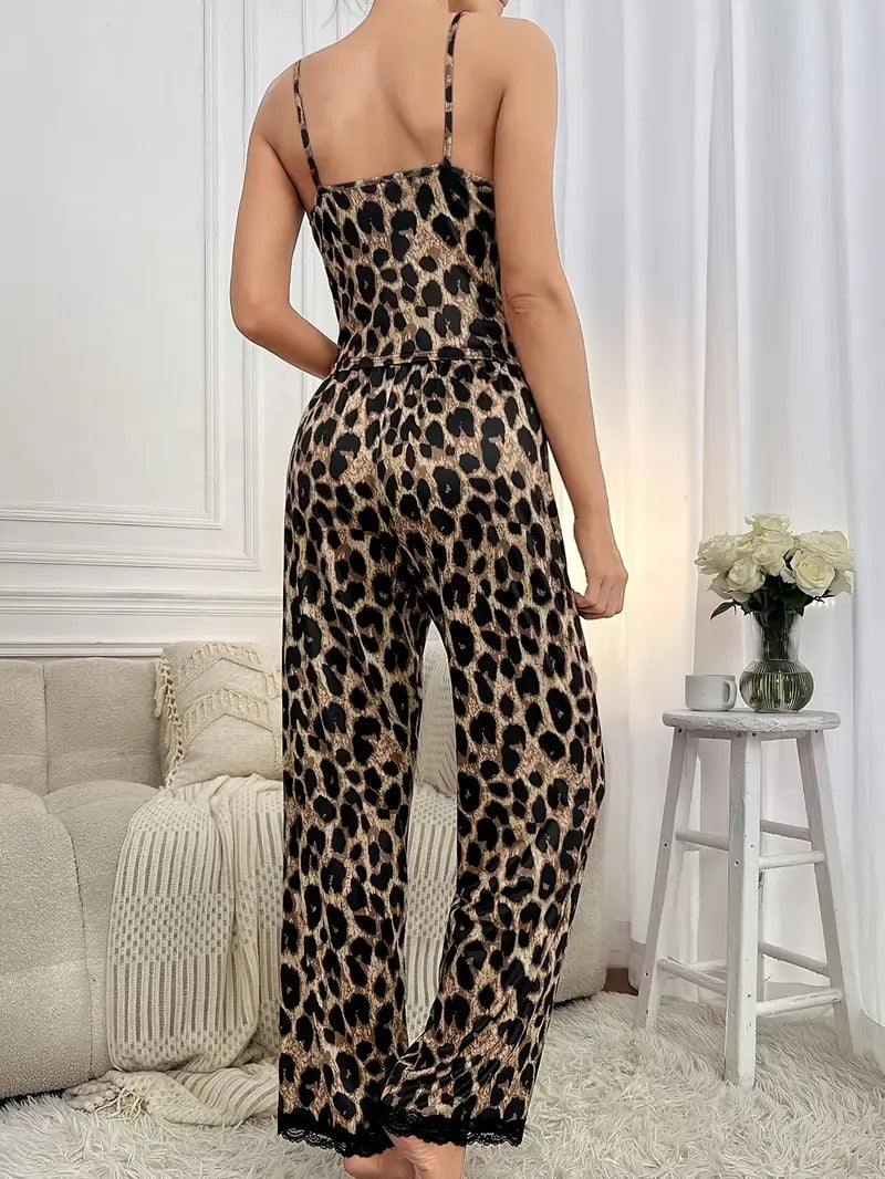 Piżama z koronką i wzorem panterki w odcieniach beżu i czerni