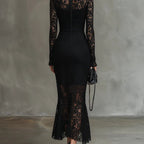 Elwira | Elegancka czarna sukienka maxi z koronką