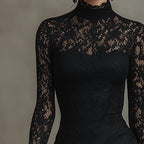 Elwira | Elegancka czarna sukienka maxi z koronką