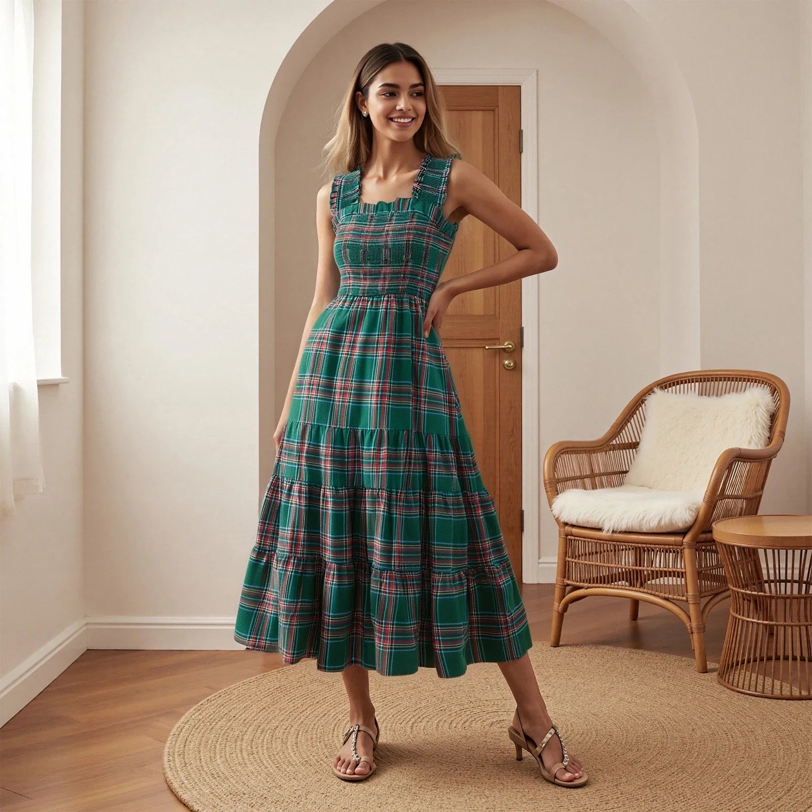 ZUZANNA| Damska sukienka bez rękawów, w kratę, A-linia, na wyposażeniu