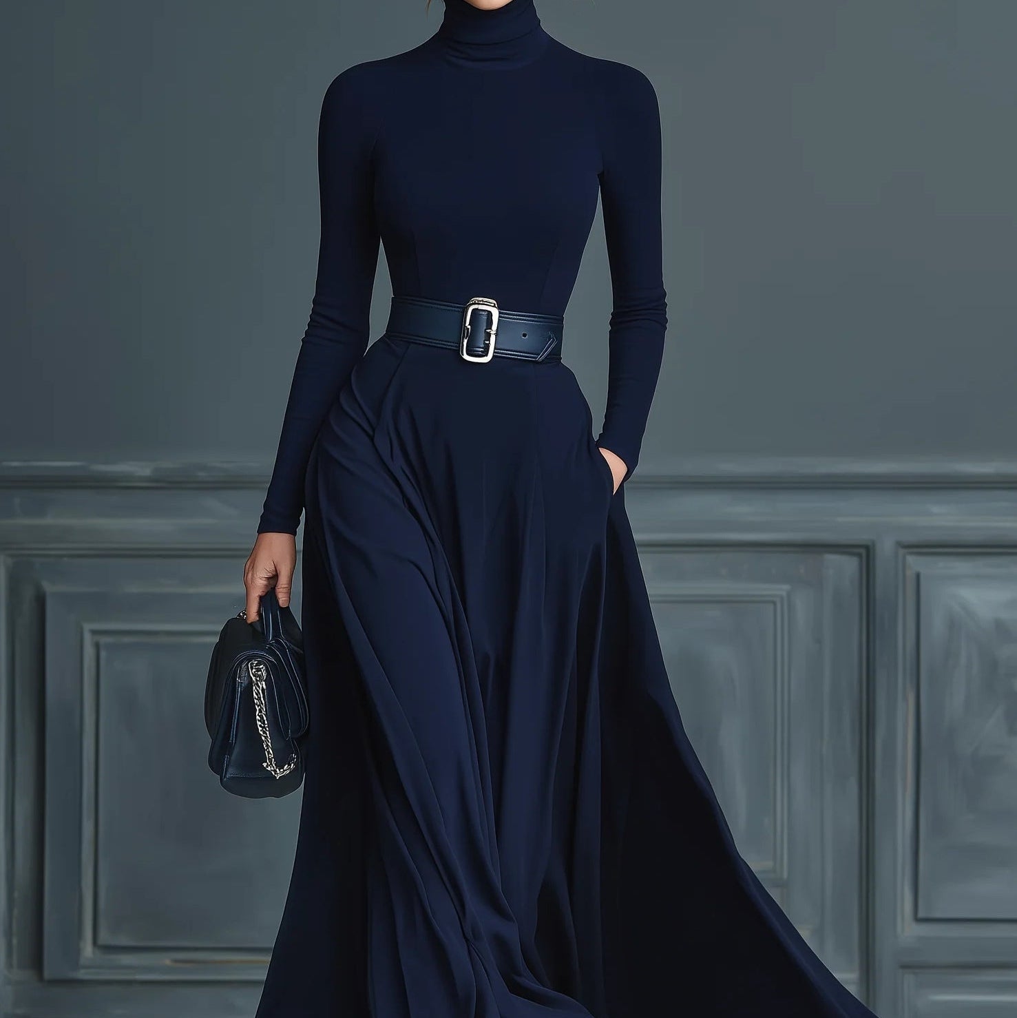 Kornelia | Dzianinowa sukienka maxi z wysokim kołnierzem