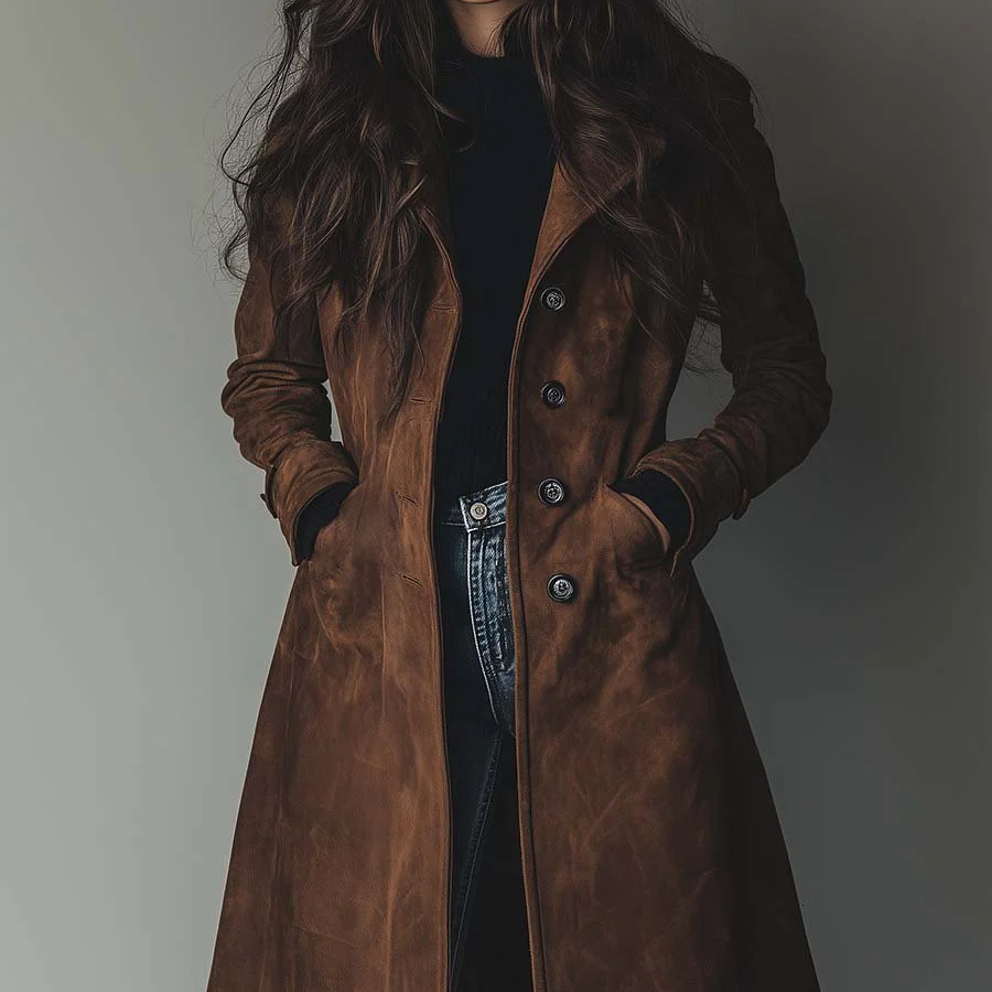 Teresa | Zamszowy płaszcz trench w stylu vintage