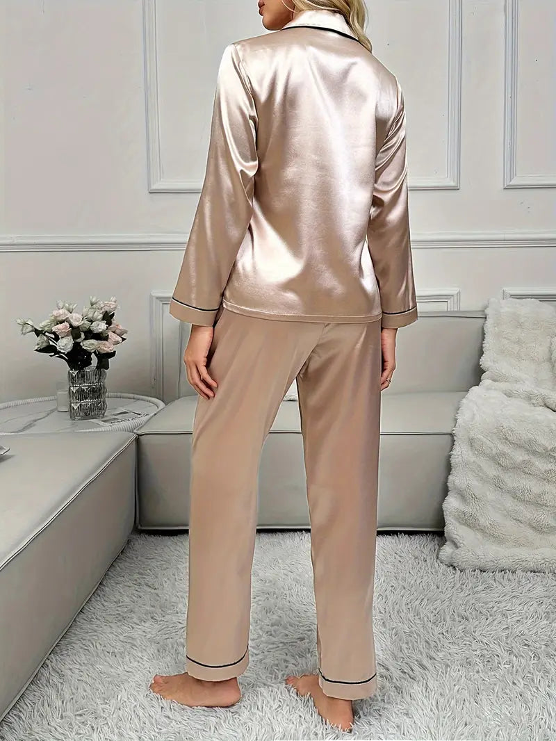 Klasyczna piżama satynowa z kołnierzykiem i kontrastową lamówką w kolorze szampańskim